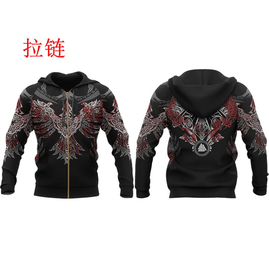 Tattoo Pullover Hoodie Raven of Odin 3D Printed