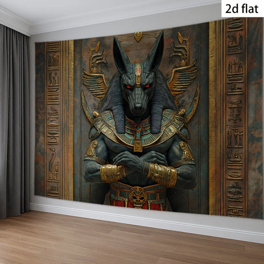 Anubis 2D Black Wolf Head &amp; Gold Accent Tapestry