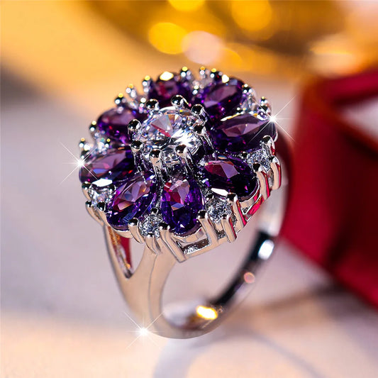 Luxury Crystal Purple Sunflower Engagement Ring