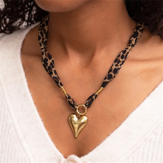 Geometric Heart Leopard Print Scarf Necklace