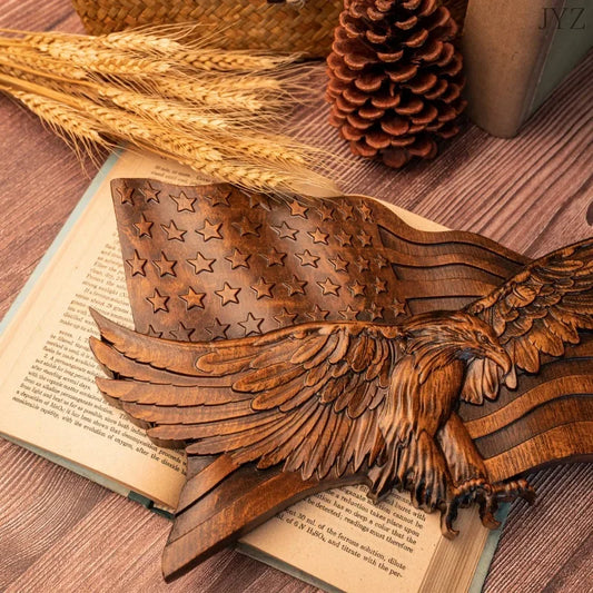 High Quality Wooden Carving American Flag with Eagle