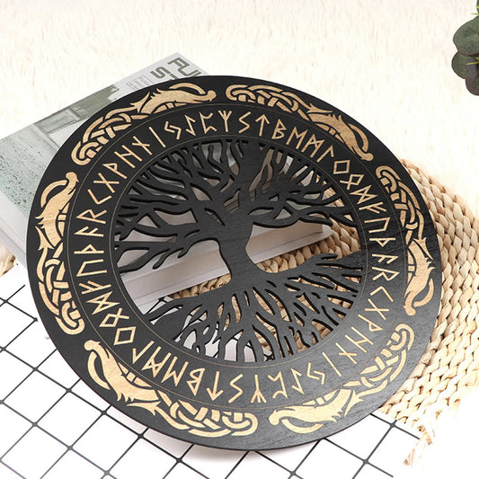 4PCS Set Round Nordic Viking Runes Wooden Wall Art