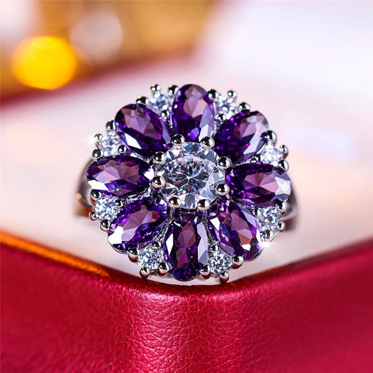 Luxury Crystal Purple Sunflower Engagement Ring