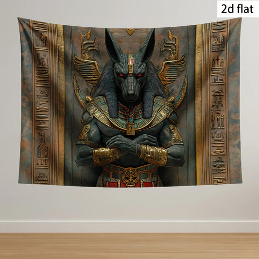 Anubis 2D Black Wolf Head &amp; Gold Accent Tapestry