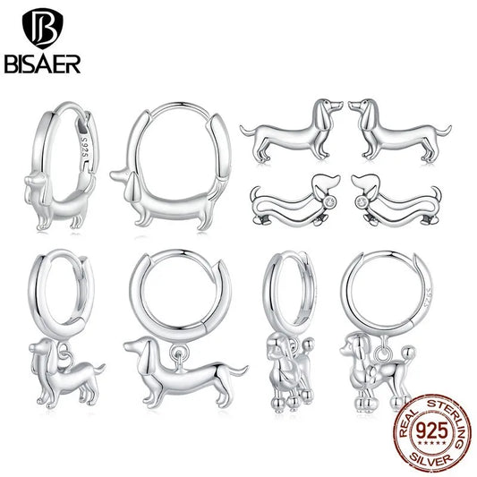 BISAER 925 Sterling Silver Cute Dachshund Ear Buckles