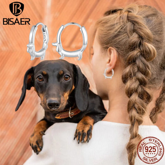 BISAER 925 Sterling Silver Cute Dachshund Ear Buckles